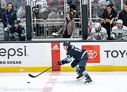 Alison Lukan reporting while an ice hockey player skates by