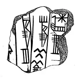 A vase fragment with the name "Lugal-kisal-(si)": {d}en-lil / lugal kur-kur-ra / lugal-kisal-si / [dumu]-sag# (𒀭𒂗𒆤 / 𒈗𒆳𒆳𒊏 / 𒈗𒆦𒋛 / 𒌉𒊕) "For Enlil, king of all the lands, by Lugalkisalsi, the first-born son [of Lugalkigenedudu, king of Uruk and Ur]".[12][13]