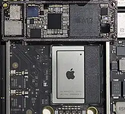 M1 (APL1102) on a Mac mini (M1, 2020) (model 9,1) logic board, compared with A13 SoC on an iPhone 11 CPU board