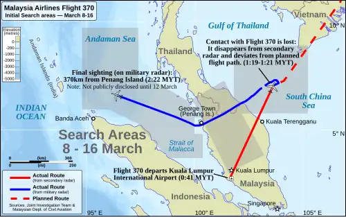 Map of southeast Asia with the known flight path of Flight 370, markers at certain events (departed KLIA, contact with ATC lost, last position from military radar), and the search areas in this region.