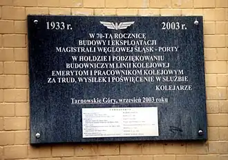 Plaque commemorating the 70th anniversary of the construction of the Polish Coal Trunk-Line on the Tarnowskie Góry station building