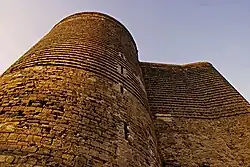 Large stone tower, seen from below