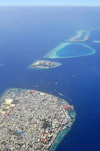 Gulhifalhu lagoon (2nd from top) in 2009, prior to reclamation. Thilafushi is visible above, Villimalé below and central Malé at the bottom.