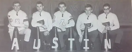Male cheerleaders, ca. 1965