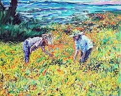 Rita Asfour and her daughter Amber picking weeds in the backyard of their house in Malibu