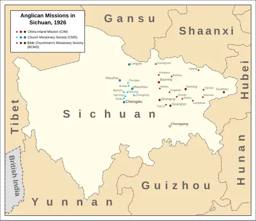 Map of Sichuan showing Anglican mission stations of CIM, CMS and BCMS, in the West China Diocese (pinyinified version)