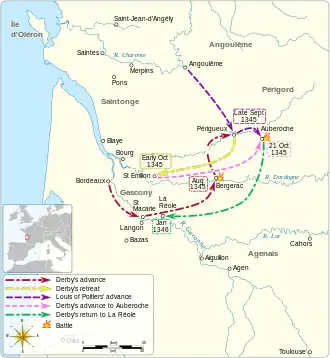 A map of south west France in 1345 showing the main movements of troops between August and November