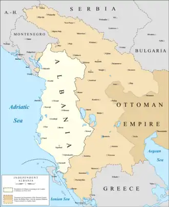 Map of the de jure boundaries of Albania according to the London Conference (1913) in white