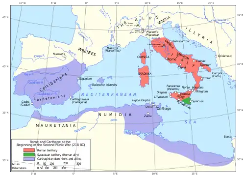 a map of the western Mediterranean region showing the territory and allies of Rome and Carthage in 218 BC