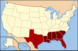 States highlighted are geographically the southernmost states in the contiguous United States. The states in dark red compose what is commonly referred to as the Deep South subregion, while the Deep South overlaps into portions of those in lighter red.