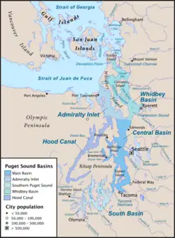 Puget Sound, its basins, and major surrounding cities