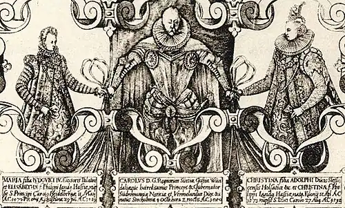 With his first wife Maria and second wife Christina in 1598 by Hieronymus Nützel [sv]