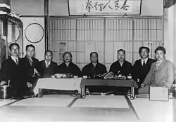 Image 42Masters of karate in Tokyo (c. 1930s), from left to right, Kanken Toyama, Hironori Otsuka, Takeshi Shimoda, Gichin Funakoshi, Chōki Motobu, Kenwa Mabuni, Genwa Nakasone, and Shinken Taira (from Karate)
