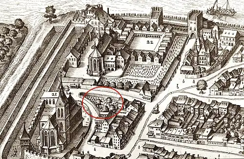 Location of the cemetery near the Theodorskirche, then still a vineyard. Representation from the map of Matthäus Merian, 1615