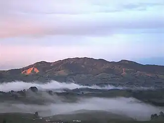 Maungatautari viewed from the north with mist rising around the conical mountain.