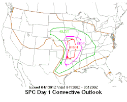 A map displaying a high risk for severe weather over the Ozarks with a slight risk extending throughout the Mississippi River Valley.