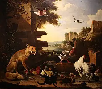 Fox with Dead Rooster and Poultry (1678), oil on canvas, 148 x 170 cm., Heritage Agency of the Netherlands Art Collection