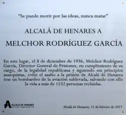 Commemorative plaque of Melchor Rodríguez as the savior of 1,532 prisoners in Alcalá de Henares