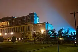 East facing view of Memorial Stadium at night.