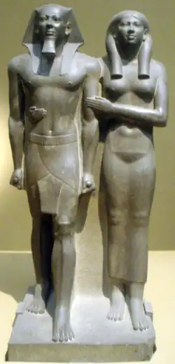 Greywacke statue of Menkaure and Queen Khamerernebty II at the Boston Museum of Fine Arts