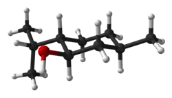 Ball-and-stick 3D model highlighting menthol's chair conformation
