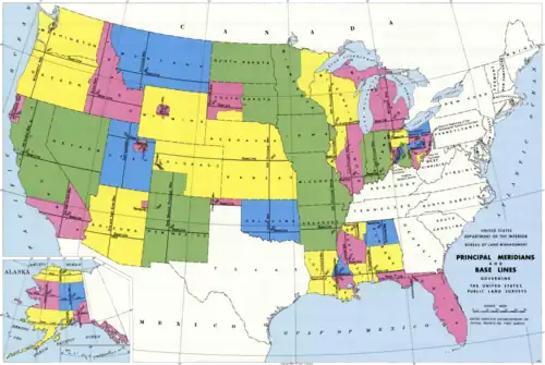 Principal meridians and Baselines governing the United States Public Land Survey System.