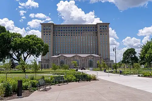 Exterior view of Michigan Central Station in 2024
