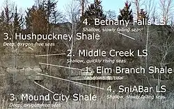 Outcrop showing Elm Branch Shale (lowest, undercut), Middle Creek Limestone, Hushpuckney Shale (slumping hillside), and Bethany Falls Limestone (highest cliff). Note soft, eroded shale undercutting Middle Creek Limestone and slumped slope representing Hushpuckney Shale, with little or no shale visible on the surface - both typical of shale members of the Kansas City Group in many outcrops and road cuts. Knobtown, Missouri.