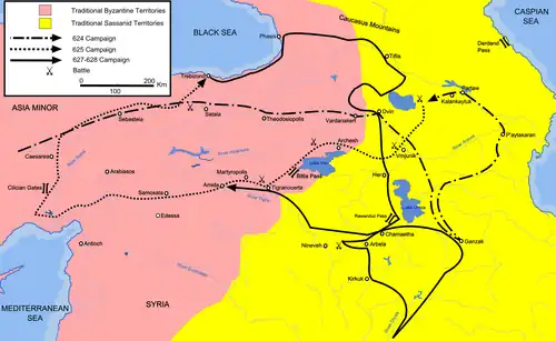 This map shows the approximate campaign paths of Heraclius in 624, 625, and 627–628