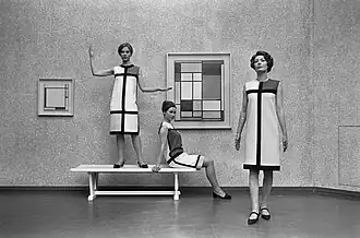Yves St Lauren dresses inspired by Mondrian and exhibited at the Gemeentemuseum, January 1966