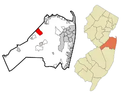 Location of Morganville in Monmouth County highlighted in red (left). Inset map: Location of Monmouth County in New Jersey highlighted in orange (right).