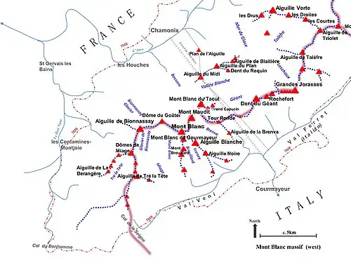 Map of western half of the Mont Blanc massif, showing main summits, ridges and valleys