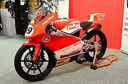 Red and White Moriwaki MD250H racing motorcycle two-fifty cc