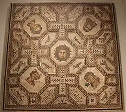A mosaic showing Medusa and representational figures of the four seasons, from Palencia, Spain, made between 167 and 200 AD