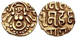 Indian coinage (Pagoda) of Muhammad of Ghor. Obverse: Lakshmi seated facing. Reverse: śri maha/[mi]ra mahama/da sama in Devanagari.