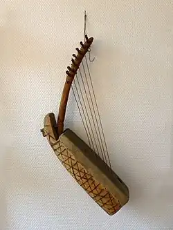 Ngombi, Gabon Type 3. The string support is below the leather sound table.
