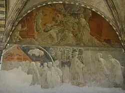 The two frescoes transferred on canvas, but still in the fourth bay of the west wall in the Chiostro Verde