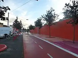 Nørrebroruten, over a former railroad track, and is usually separated from other roadways.