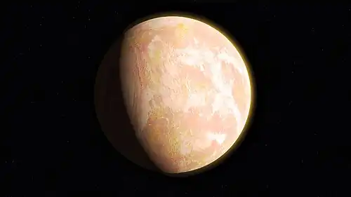 Image 35The pale orange dot, an artist's impression of the early Earth which might have appeared orange through its hazy methane rich prebiotic second atmosphere. Earth's atmosphere at this stage was somewhat comparable to today's atmosphere of Titan. (from History of Earth)