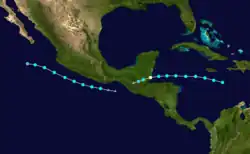 A combined track map of Hurricane Nana in the Atlantic and Tropical Storm Julio in the East Pacific