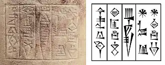 "Naran-Sin, King of the four regions" '(𒀭𒈾𒊏𒄠𒀭𒂗𒍪 𒈗 𒆠𒅁𒊏𒁴 𒅈𒁀𒅎 DNa-ra-am DSîn lugal ki-ibratim arbaim), limestone, c. 2250 BC. Louvre Museum AO 74.[56]