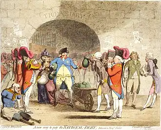 Centre: George III, drawn as a paunchy man with pockets bulging with gold coins, receives a wheel-barrow filled with money-bags from William Pitt, whose pockets also overflow with coin. To the left, a quadriplegic veteran begs on the street. To the right, George, Prince of Wales, is depicted dressed in rags.