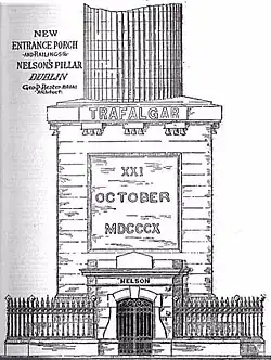 Artwork of the pedestal for the Pillar, showing the Trafalgar inscription, with the architectural design for the new porch and railings