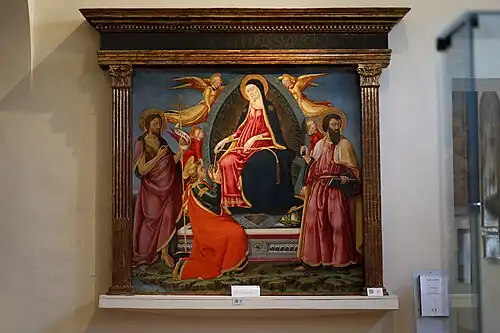 Madonna enthroned handing Saint Thomas her girdle