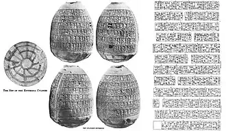 "Net cylinder" of Entemena, the second known cylinder describing the border conflict between Lagash and Umma, circa 2500 BCE.[3]