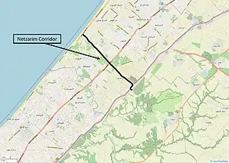 Approximate location of the Netzarim Corridor as it extends from the Gaza–Israel border to the Mediterranean Sea. The corridor's width is approximately 4 km, centered on Route 749.
