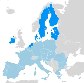 Map of the European Union in light blue with the members of the New Hanseatic League in dark blue