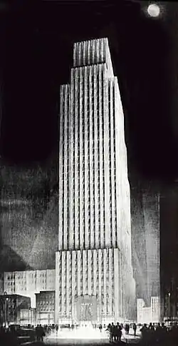 New York's Daily News Building features a number of setbacks. It was designed by architect Raymond Hood in 1929. The 1916 Zoning Resolution of New York led to many soaring, setbacked towers.