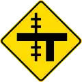 Railway level crossing on uncontrolled T-junction to left