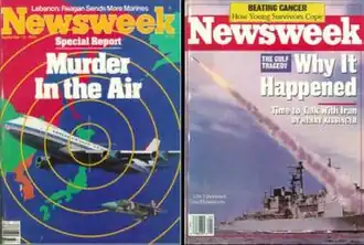 Juxtaposition of two Newsweek covers. On the left, KAL007 is framed within a bullseye with the caption "Murder in the air", while on the right a photograph of a missile launcher is captioned simply with "Why it happened", framing it as a tragic mistake